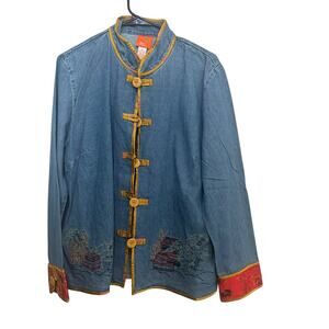 Hearts of Palm Women's Oriental Embroidered Designed Denim Kimono Jacket Size 14